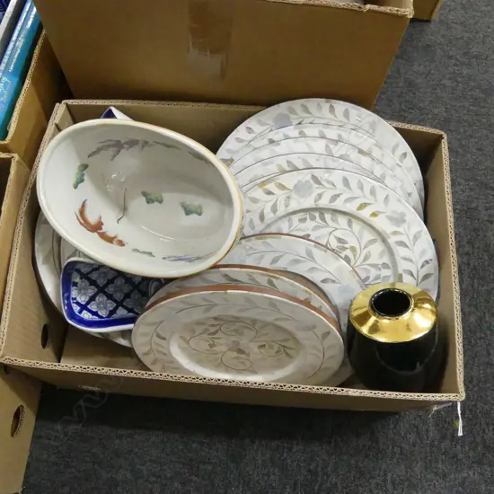 BOX LOT 12 MOP PLATES (6x300mm 6x255mm) + PR B/W CERAMIC CANDLE HOLDERS + BOWL w. INSECT DESIGN + PETER COLLIS VASE