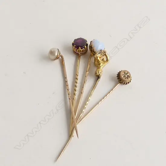 5 X ANTIQUE GOLD STICK PINS: EAGLES CLAW W CITRINE? PEARLS ETC