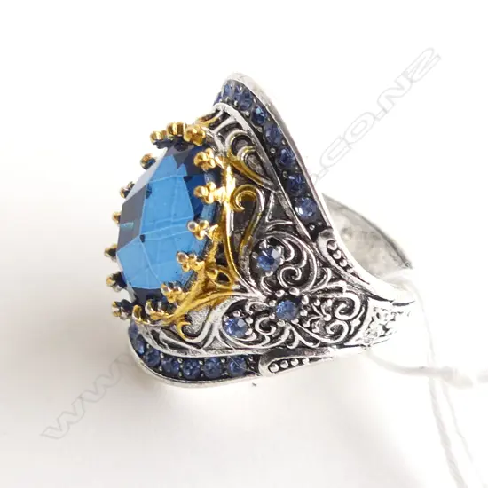 LARGE FAUX SAPPHIRE FILIGREE RING