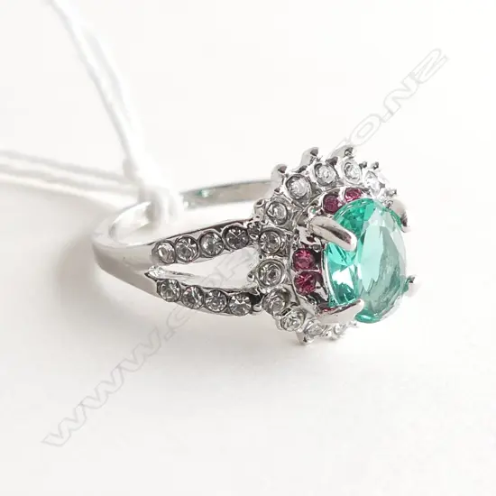 FAUX EMERALD AND DIAMOND CLUSTER RING
