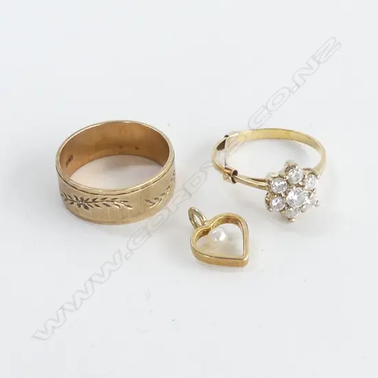 9CT BAND RING 3.6gms + OTHER RING + PENDANT