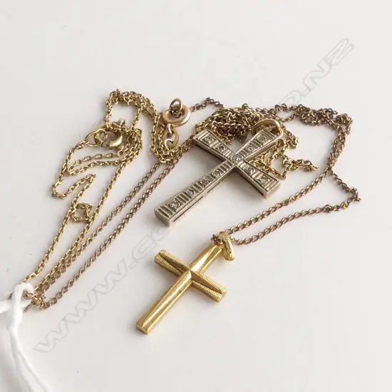 2 CRUCIFIX NECKLACES 1 ON 9CT CHAIN 5.85 GRAMS TOTAL ONE WITH DIAMONDS