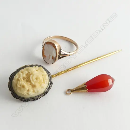 9CT CAMEO RING, CARVED IVORY & GOLD? PIN WITH CARNELIAN PENDANT