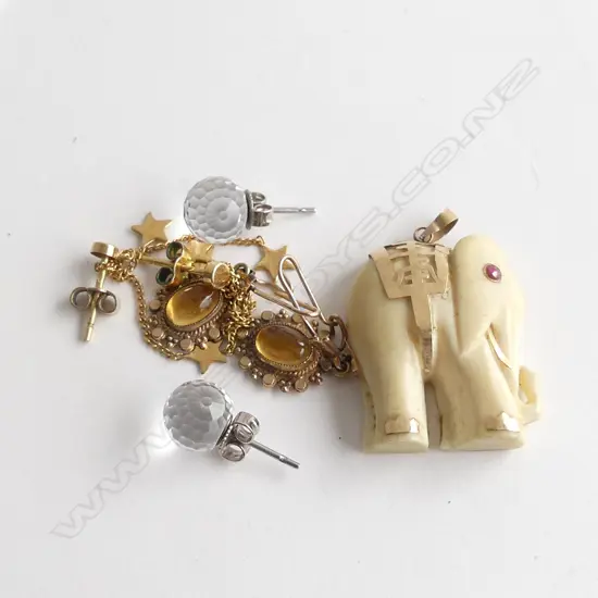 3 PRS EARRINGS; 1 pr GOLD & CITRINE ?+ STARS & CRYSTAL + 14CT & IVORY ELEPHANT PENDANT