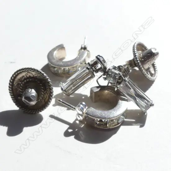 3 PR STG SILVER EARRINGS; ROCK CRYSTAL DROP, HALF HOOP STUD & MEXICAN HAT STUD