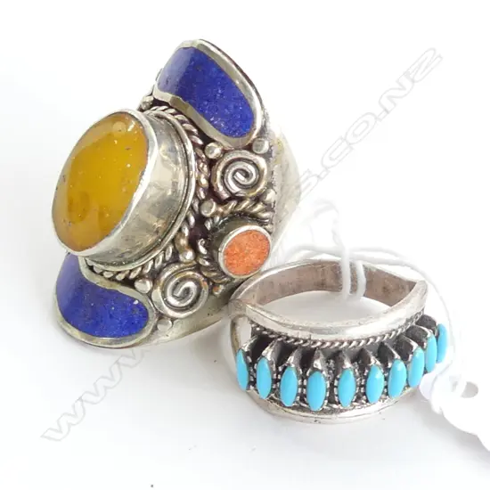 2 SILVER ETHNIC DESIGNER RINGS AMBER LAPIS CORAL & TURQUOISE