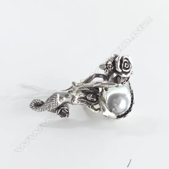 LGE SILVER DESIGNER MERMAID RING W MABE PEARL DOLPHINS & ROSE L.65mm