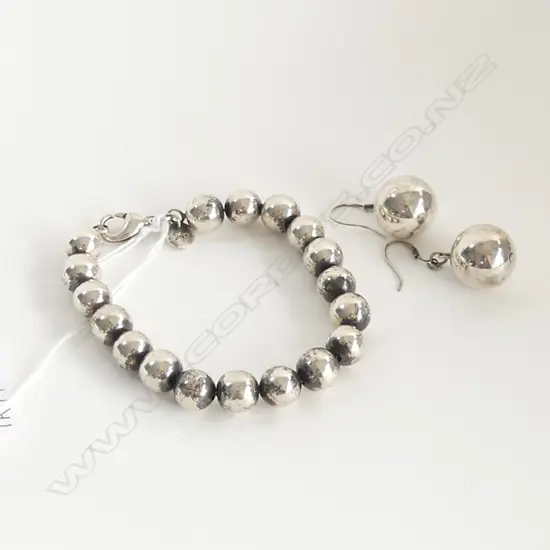 925 SILVER BEAD BRACELET & BALL DROP EARRINGS 58.7GMS