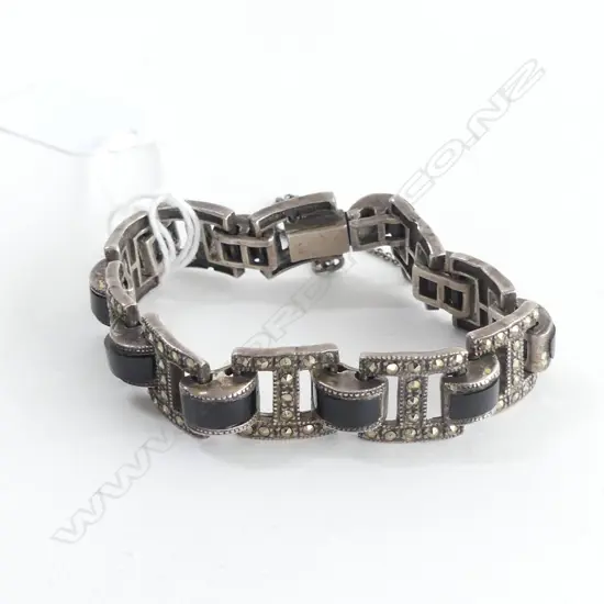 SILVER ONYX & MARCASITE ART DECO STYLE BRACELET