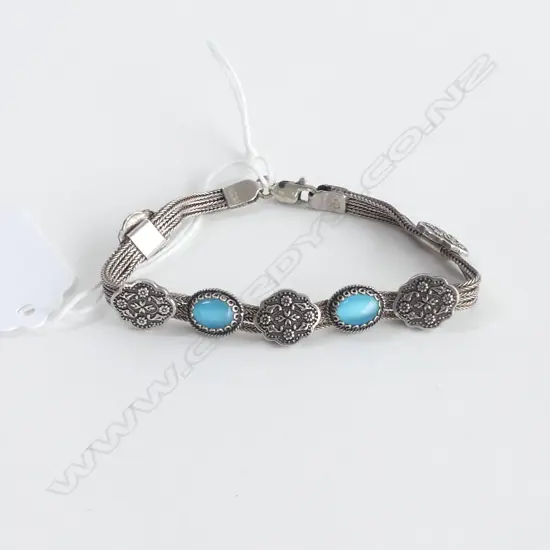 SILVER 925 MULTI CHAIN BRACELET W PANELS & BLUE STONES