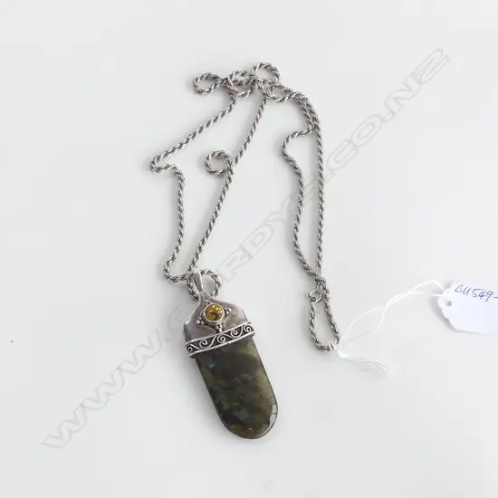 LGE SILVER MOUNTED LABRADORITE PENDANT ON LONG SILVER ROPE CHAIN 