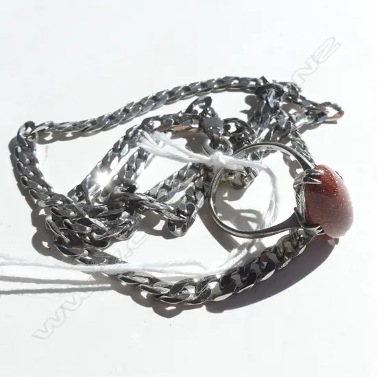 SILVER RING WITH LG STONE + SILVER TONE THICK CHAIN 