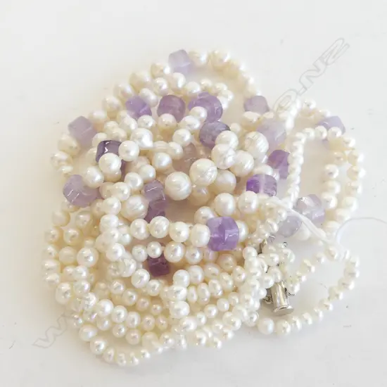 4 STRAND  FRESHWATER PEARL CHOKER WITH PURPLE AMETHYST WITH SLIDE CLIP