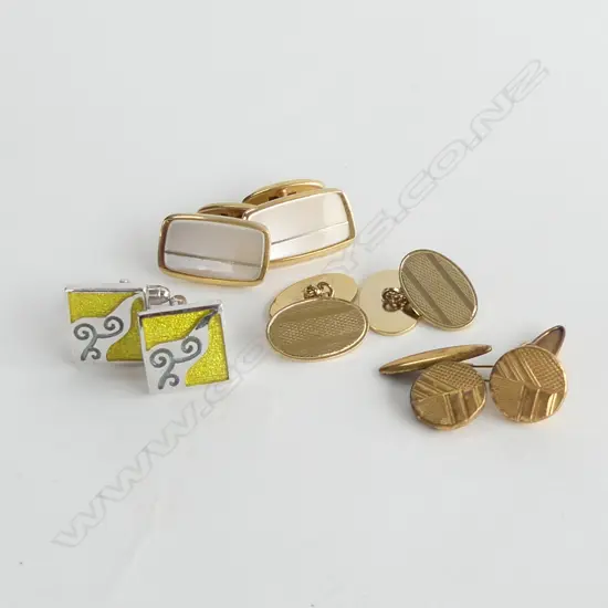 4 PRS CUFF LINKS; 3 GOLD PLATED + 1 SILVER & ENAMEL W KORU