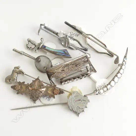 A COLLECTION OF BROOCHES, TIE PINS AND PINS MOSTLY STERLING SOME HALLMARKS, 10 IN TOTAL