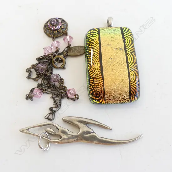 SILVER DECO STYLE LADY PENDANT, DICHROMIC GLASS PENDANT 925 SET + PINK CRYSTAL NECKLACE 