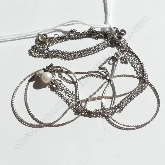 TWO 925 SILVER CHAINS; SNAKE CHAIN & ONE WITH PEARL PENDANT + CHAIN WITH TEARDROP DIAMANTE