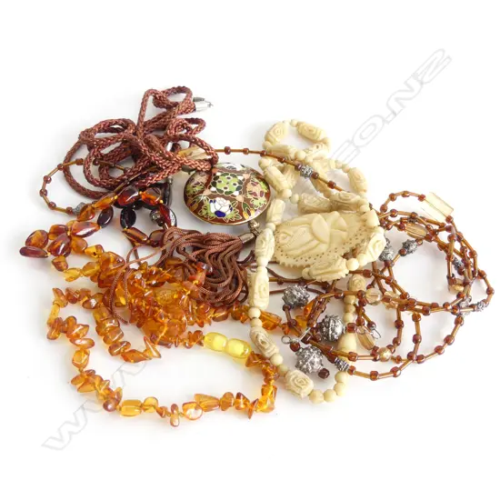 5 ASST NECKLACES; AMBER, BONE, ETC