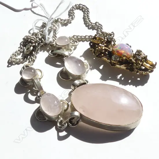 ROSE QUARTZ NECKLACE & VINTAGE FILIGREE & OPAL BROOCH A/F
