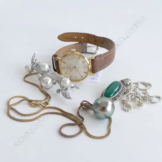 SWAROVSKI BROOCH, CASED + 2 SILVER / SILVER GILT NECKLACES + GP LADIES OMEGA WRIST WATCH