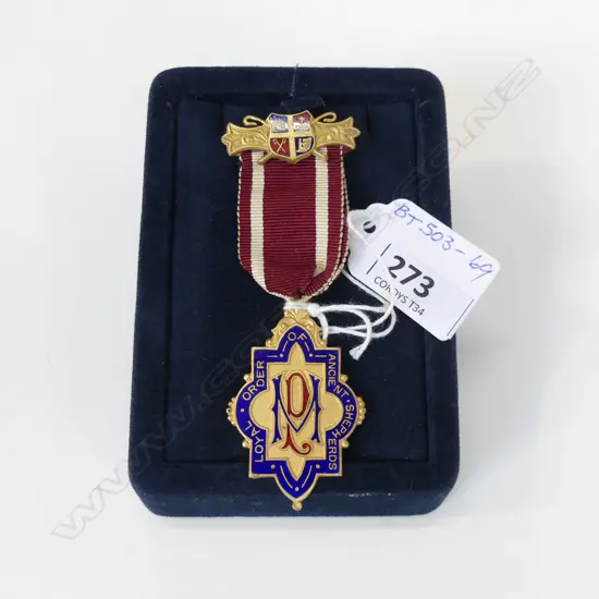 LOYAL ORDER OF ANCIENT SHEPHERDS GILT ENAMEL MEDAL BY TUTILL LONDON L 95MM