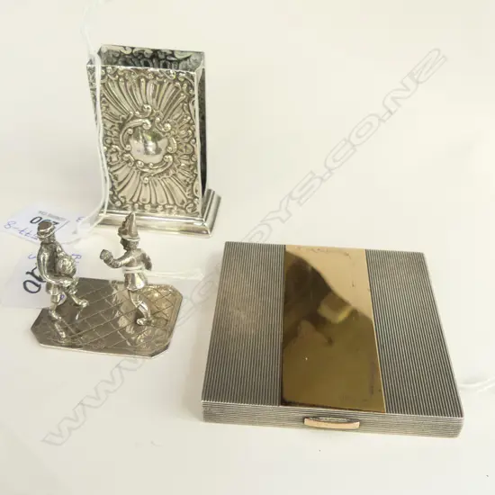 IMPRESSIVE STG SILVER MATCHBOX HOLDER, MINIATURE 920 SILVER PAVING STONE FIGURE + SILVER & ROSE GOLD MIRROR COMPACT
