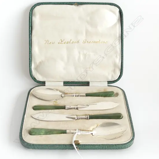 SET 4 NZ GREENSTONE & SILVER UTENSILS Birmingham 1927