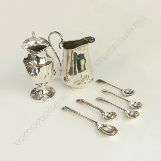 2 SML STG SILVER JUGS 108 GRAMS + 5 EP SPOONS 