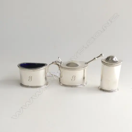 3 PC SILVER CRUET SET; PEPPER POT & BLUE GLASS LINED MUSTARD & SALT - EACH ENGRAVED WITH 'G' + 2 SPOONS 