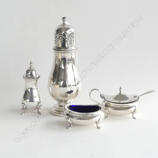 3 PCE SILVER PLATE CRUET SET; PEPPER POT & BLUE GLASS LINED SALT & MUSTARD INCL. 1 SPOON & SUGAR SIFTER H. 180MM