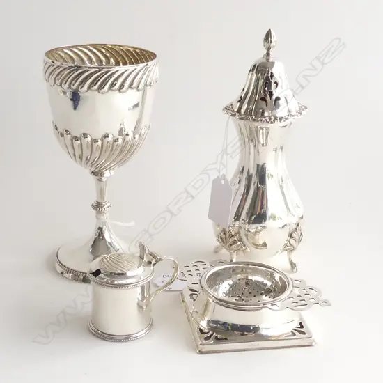 4 PCS EPNS; GOBLET, BLUE GLASS LINED MUSTARD POT, TEA STRAINER & HOLDER & SUGAR SIFTER (H.180MM) 