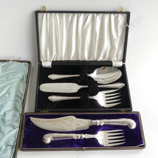VINTAGE CASED SILVER PLATE;  FISH SERVING SET & 3 PC SERVING SET (SPOON, LIFTER & FORK)