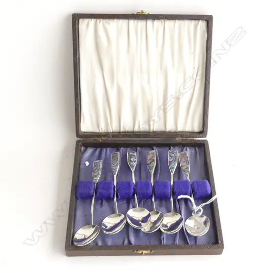 SET OF 6 STG & PAUA TEASPOONS, CASED 63 GRAMS