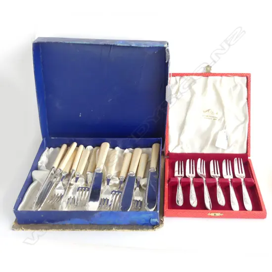 BONE HANDLE FISH CUTLERY, 6 KNIVES, 6 FORKS + 6 EP CAKE FORKS - BOTH IN ORIGINAL BOXES