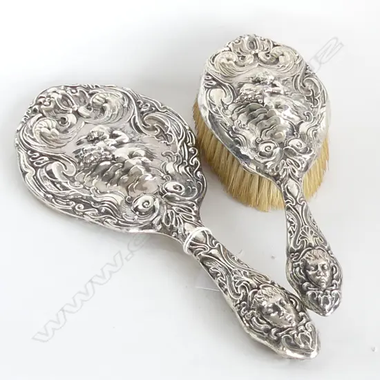 STG SILVER DRESSING MIRROR & BRUSH w. CUPID DESIGN; B'HAM 1903