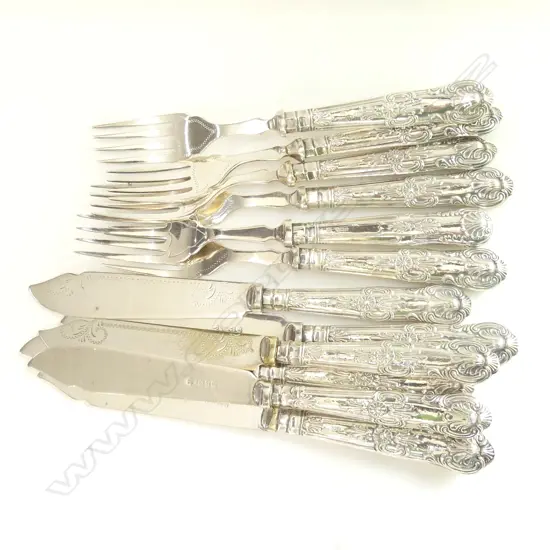 12 PC ORNATE STG SILVER HANDLE FISH SET, 6 KNIVES & 6 FORKS 