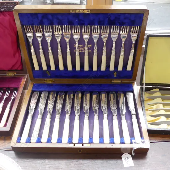 WOODEN CASED 24 PC FAUX IVORY & SILVER PLATE FISH KNIVES & FORKS