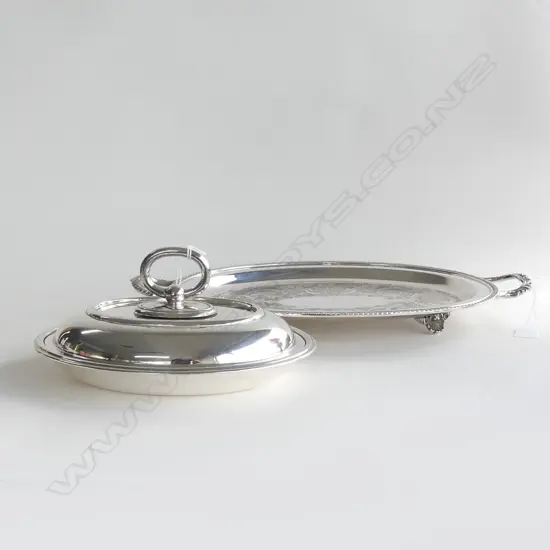 OVAL VICTORIAN PLATE EP COPPER TRAY (L465MM) + EP LIDDED SERVING DISH (L 260MM) ENGRAVED WITH 'G'