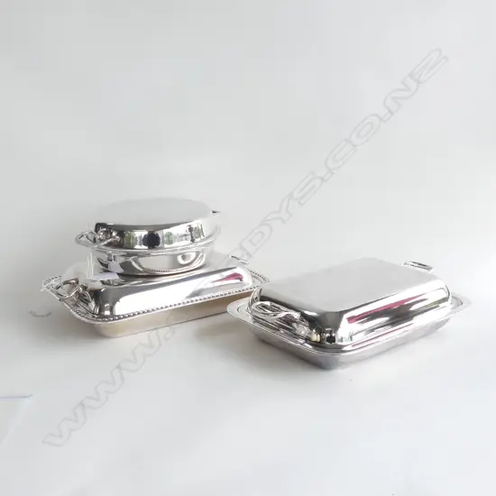 3 ASST GOOD SILVER PLATE SERVING DISHES WITH LIDS - 2 X L 280MM & 1 DIA 220MM