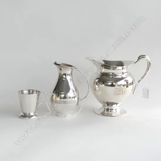 2 QUALITY SILVER PLATE JUGS (H. 185 & 160MM) + RODD CHRISTENING MUG 