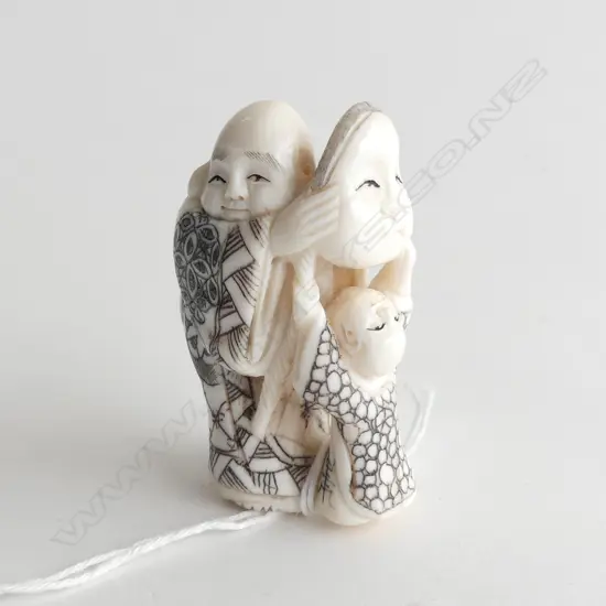 FINELY CARVED IVORY NETSUKE, ORIENTAL MAN & BOY WITH MASK , H 50MM