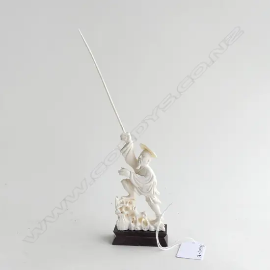 CARVED IVORY ORIENTAL MAN WITH POLE & DOG, ON WOODEN STAND,  H. 210MM