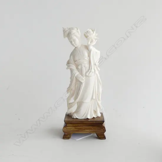 CARVED IVORY ORIENTAL LADY ON WOODEN STAND, H.145MM