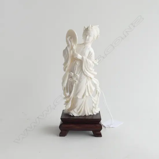 CARVED IVORY ORIENTAL LADY ON WOODEN STAND, H.150MM