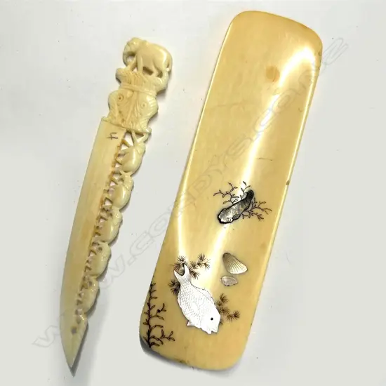 ORIENTAL CARVED & INLAID IVORY SHOE HORN & LETTER OPENER