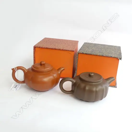 2 CHINESE YIXING WARE TEAPOTS, CASED
