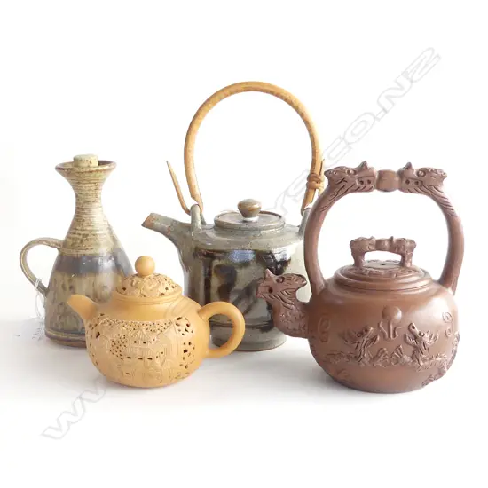 4 PCES POTTERY; 3 TEAPOTS + SMALL VESSEL (REPAIRED) H.170mm