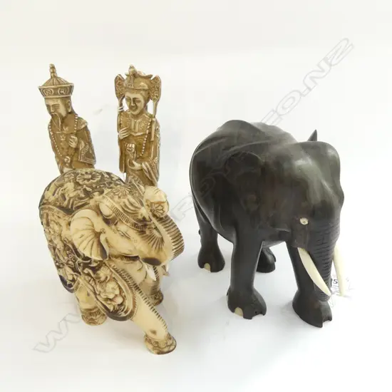 2 ELEPHANTS; CARVED EBONY & RESIN + 2 RESIN FIGURES H.165mm