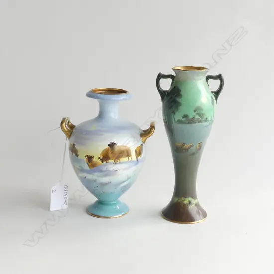 TWO ROYAL DOULTON GOLD GILDED VASES WITH SHEEP SCENES. ONE SIGNED H. NIXON  H. 175 & 150MM