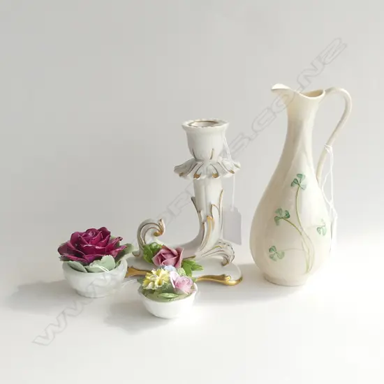 2 ROYAL DOULTON PORCELAIN FLOWERS, DRESDEN PORCELAIN ROSE CANDLE HOLDER (H 150MM) & BELLEEK SHAMROCK JUG (H185MM)